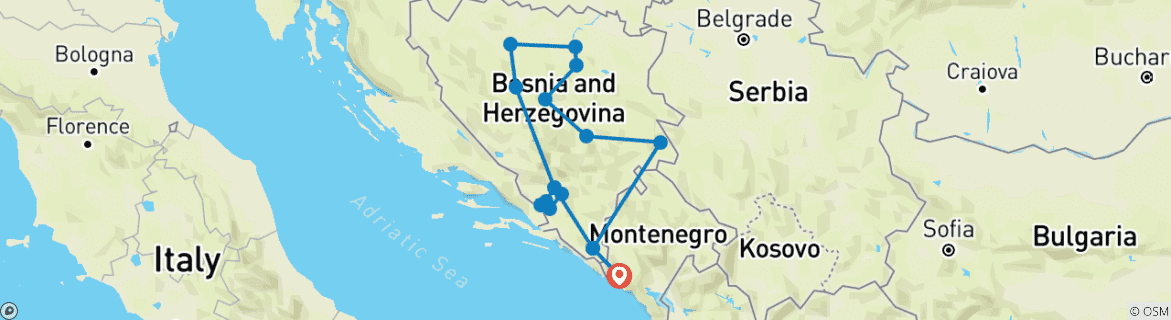 Map of All seasons, 12 days tour across Bosnia from Tivat. Explore the best! UNESCO sites. Nature. Architecture. Culture. History. Cuisine. Wine. Slow travel