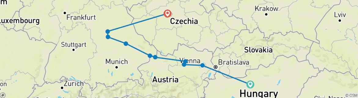 Carte du circuit Délicieux Danube et Prague (2025) (Prague à Budapest, 2025)