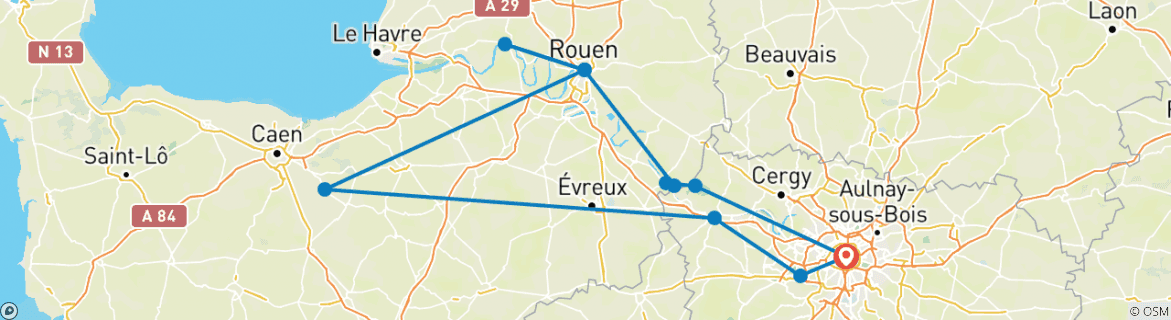 Image of a map showing the route of the tour