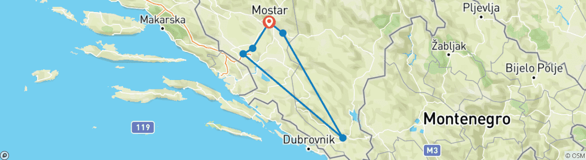 Map of All seasons 2 days tour over surrounding Mostar and Trebinje from Mostar. Visit Blagaj, Radimlja, Vjetrenica cave, Trebinje, Tvrdos monastery, Stolac, Mogorjelo, Kravica waterfalls, Medjugorje.