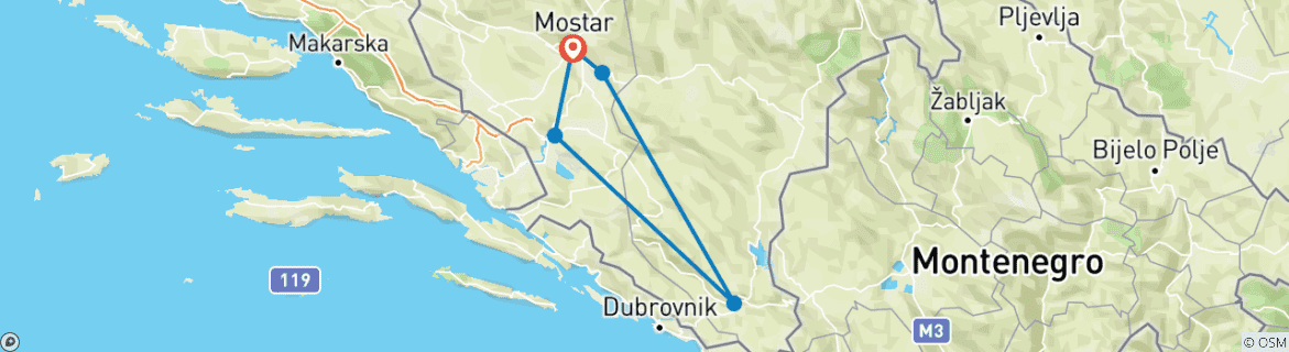 Map of All seasons surrounding Mostar and Trebinje 2 days tour from Mostar. Visit Blagaj, Radimlja, Vjetrenica cave, Trebinje, Tvrdos monastery, Stolac, Mogorjelo, Pocitelj.