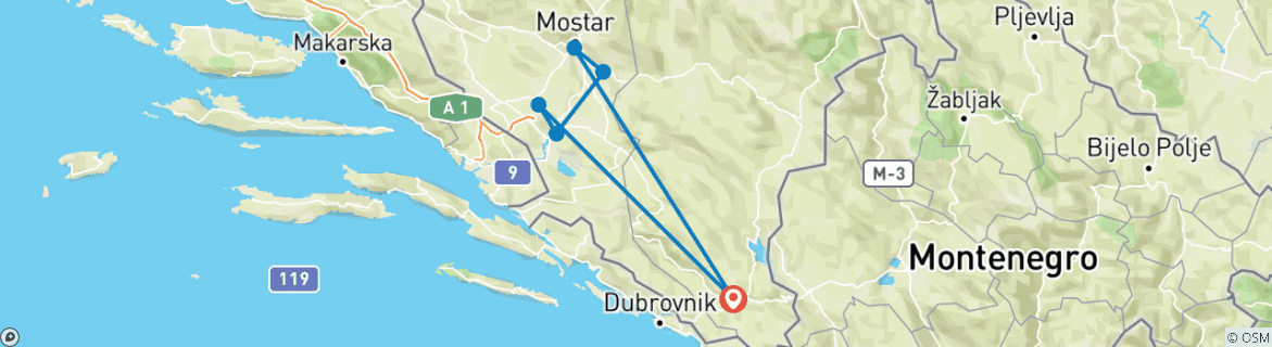 Map of All seasons, Bosnia discovery 3 days tour from Trebinje. Mostar, Blagaj, Pocitelj, Vjetrenica Cave, Mogorjelo, Zavala, Tvrdos, Medjugorje, Stolac, Radimlja. UNESCO sites. Nature. Architecture. Culture. History. Wine. Cuisine