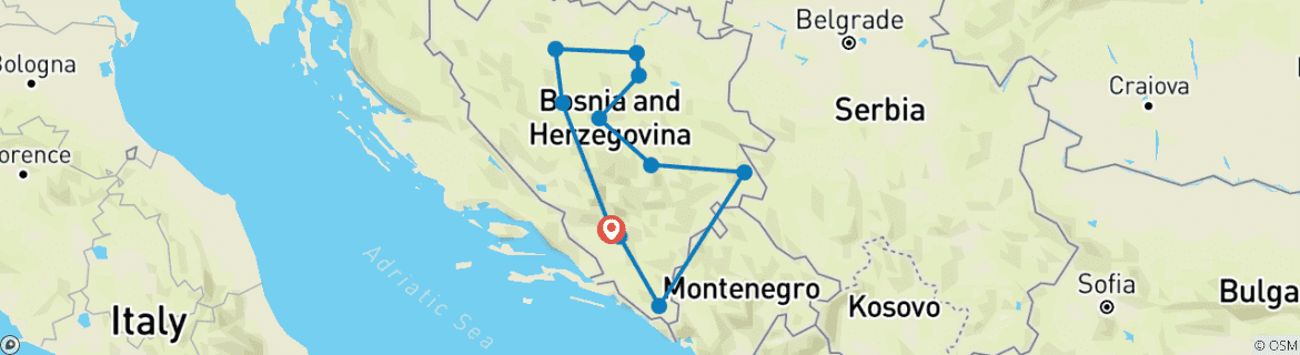 Map of All seasons 6 days Bosnia exploring tour from Mostar. Medieval land of Bosnia: nature, scenic roads, old towns and monasteries.