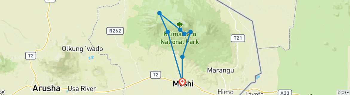 Map of 7 Day Mount Kilimanjaro trekking via Machame route