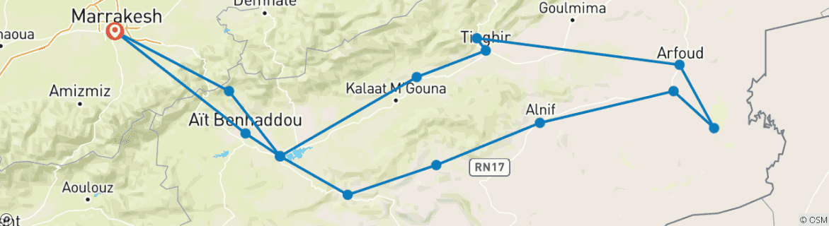 Image of a map showing the route of the tour