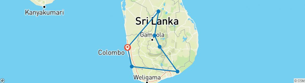 Map of 7 Days Sri Lanka Exotic Honeymoon Tour