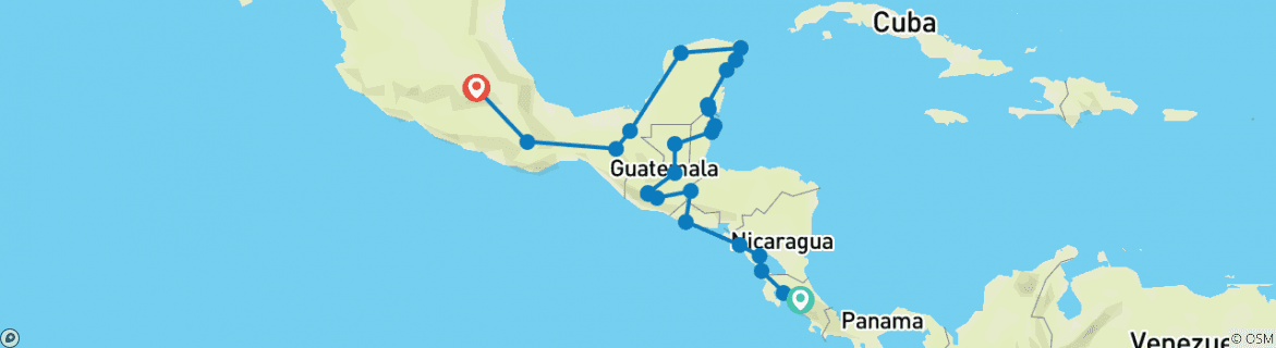 Kaart van Reispas van San José naar Mexico-Stad