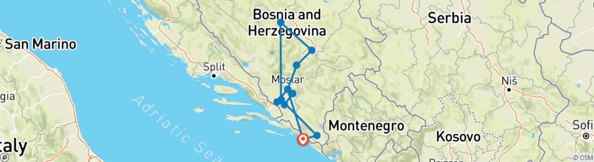 Map of Discover the very best of Bosnia in a 7 days tour from Dubrovnik. Mostar, Sarajevo, Radimlja, Kravica waterfalls, Vjetrenica cave. UNESCO sites. Nature. Architecture. Culture. History. Cuisine. Wine. Slow travel.