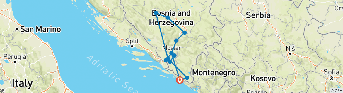 Map of Prime Bosnia's attractions in a 8 days tour from Dubrovnik. All seasons Bosnia discovery tour. Old fortified towns, Ottoman fortresses, lovely waterfalls, ancient monasteries, Vjetrenica cave. UNESCO sites. Nature. Architecture. Cuisine. Wine.