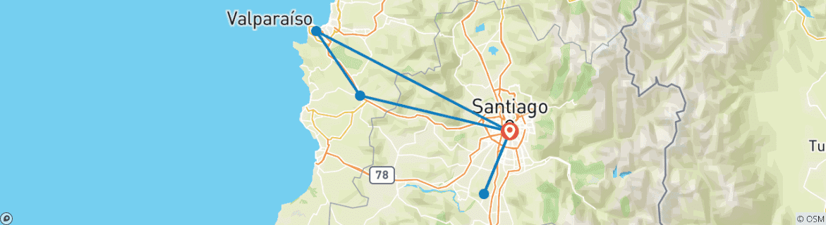 Carte du circuit Expérience privée de dégustation de vins et de mets au Chili : Casablanca, Vallée de San Antonio et Valparaiso