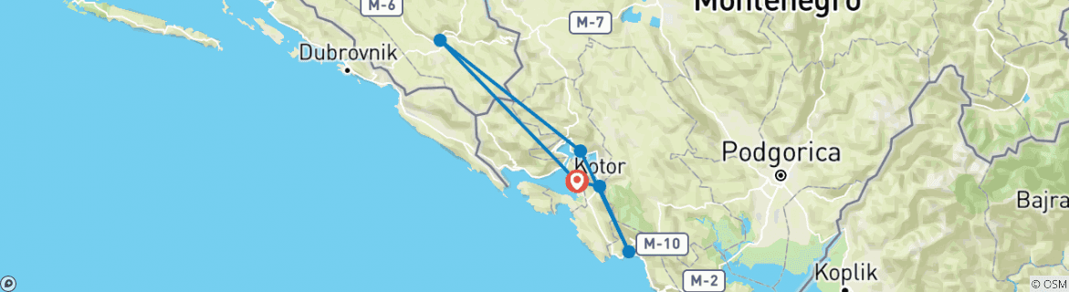 Mapa de Todas las estaciones Bosnia+montenegro Minicircuito descubrimiento de 3 días desde Tivat. Kotor, Budva, Perast, Trebinje, Tvrdos, cueva de Vjetrenica. Sitios de la UNESCO.