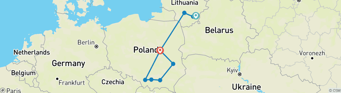 Map of Jewish Heritage tour to Lithuania and Poland