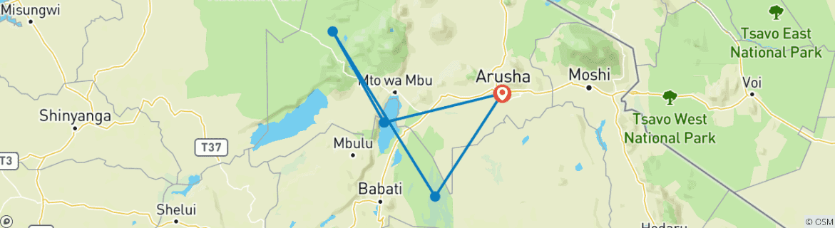 Map of Best 3 day Tanzania Camping Safari from Arusha with Reasonable Price.