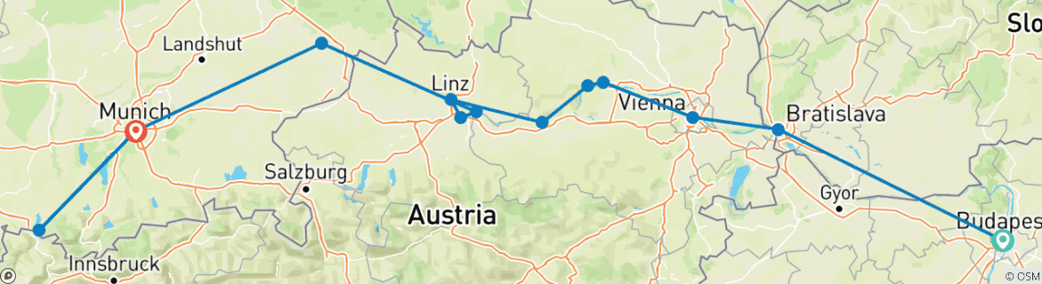 Image of a map showing the route of the tour
