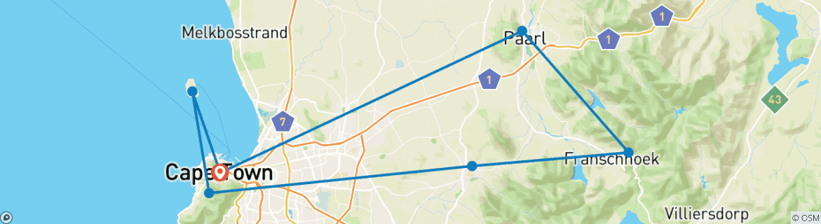 Map of 6 Days and 5 Nights Cape Town Tour