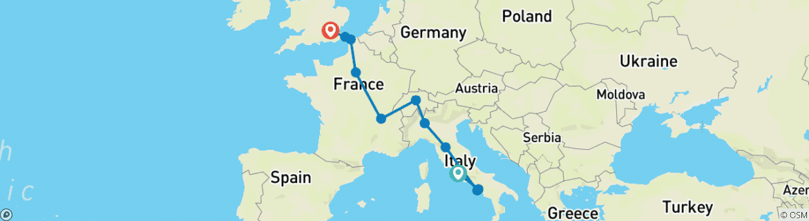 Map of Rome to London Vistas (10 Days)