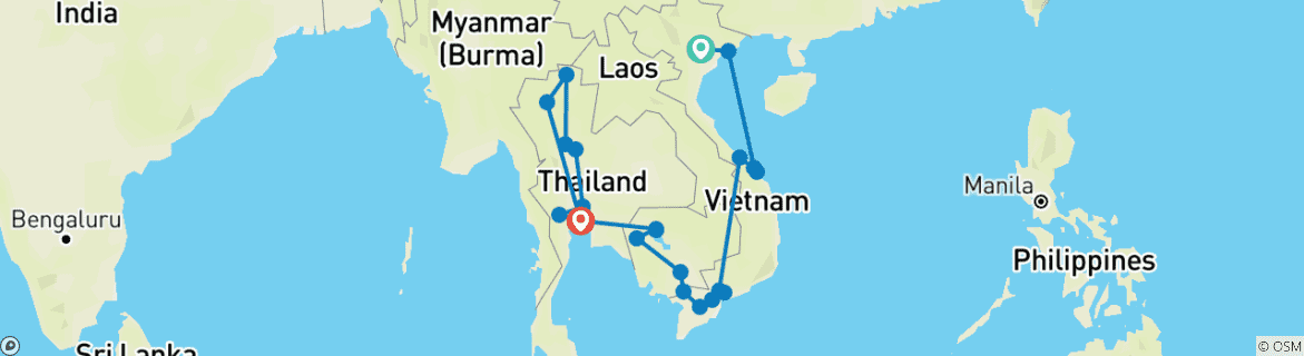 Map of Ultimate Vietnam & Cambodia & Thailand ends Bangkok (4 Star Hotels)