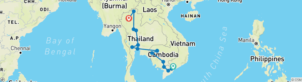 Karte von Vietnam, Kambodscha & Thailand bis Chiang Mai