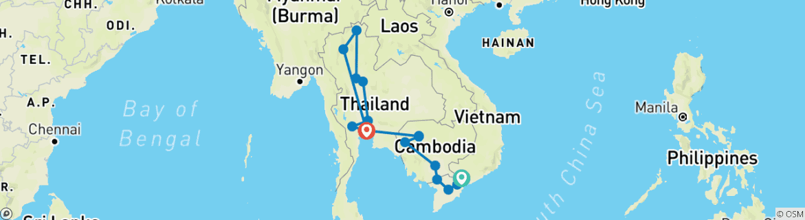 Karte von Vietnam, Kambodscha & Thailand bis Bangkok