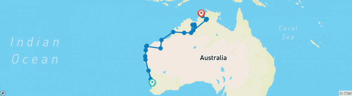 Map of Wonders of the West Coast and Kimberley (21 Days)