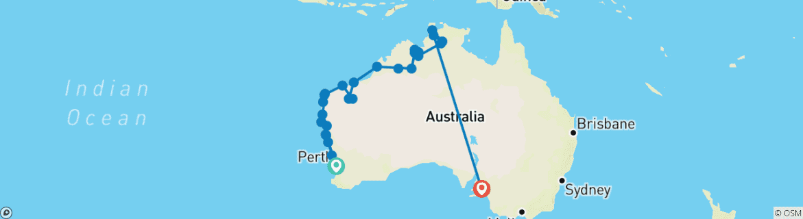 Carte du circuit Merveilles de la côte ouest et des Kimberley (from Perth to Adélaïde)