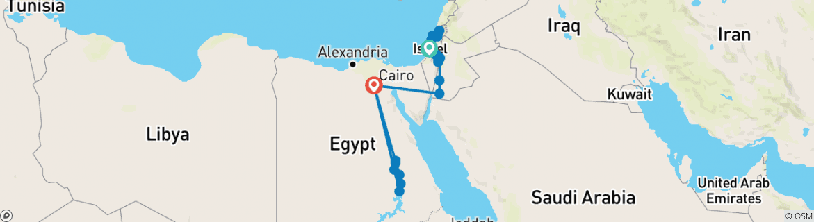 Map of Israel, Jordan and Egypt Luxury 13 days with Nile Cruise (Single, 5* Hotel)