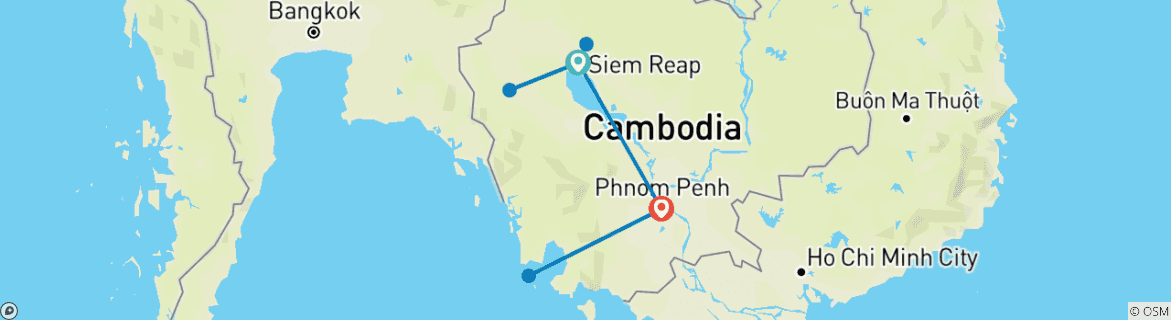 Mapa de Camboya con unas vacaciones de playa en Koh Rong o Koh Rong Samloem