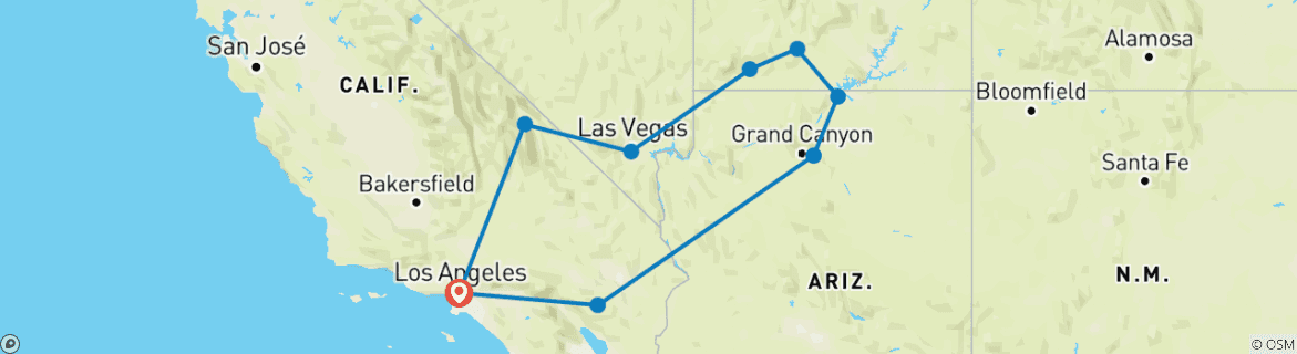 Mapa de Viaje por carretera a EE.UU. - Gran Cañón, Las Vegas y valle de la Muerte