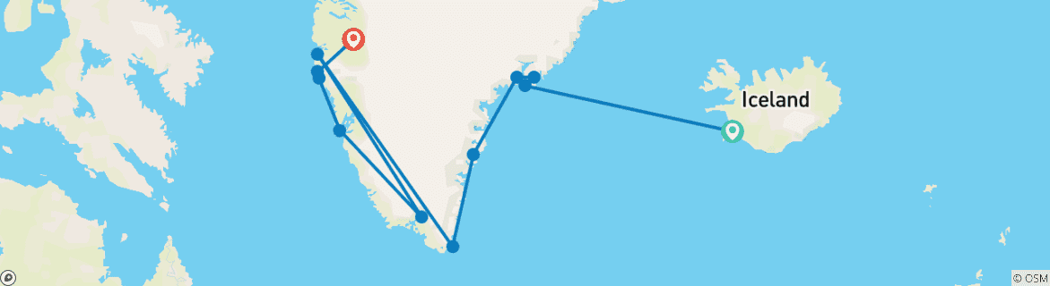 Kaart van Groenland Explorer 2025 - Van IJsland naar Groenland (Inclusief vlucht enkele reis van Kangerlussuaq naar Kopenhagen)