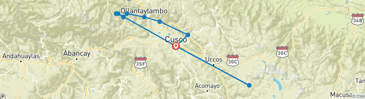 Kaart van Inca Trail naar Machu Picchu + Regenboogberg 8 dagen