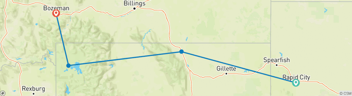 Karte von South Dakota nach Yellowstone Parks Entdeckungsreise