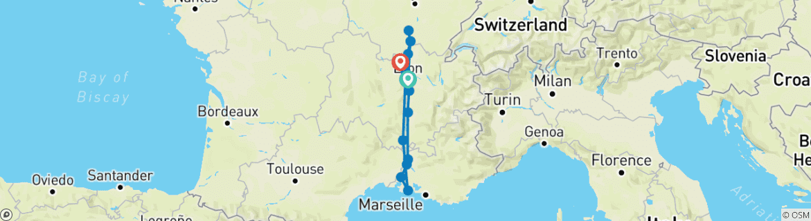 Image of a map showing the route of the tour
