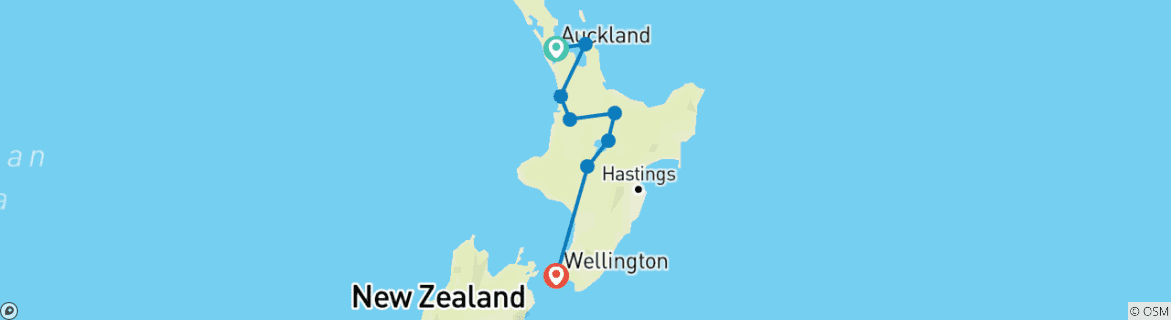 Carte du circuit New Zealand Northern Trail - direction sud (8 destinations)