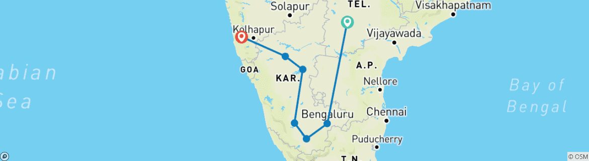 Map of Hyderabad Heritage Circuit & Goa's Coastal Retreat