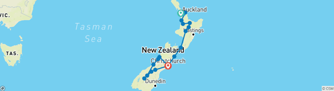 Map of New Zealand Uncovered (Southbound) (18 destinations)