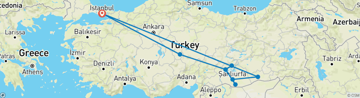 Map of 6 Days Cappadocia - Mt Nemrut - Gobeklitepe - Mardin Tour from Istanbul