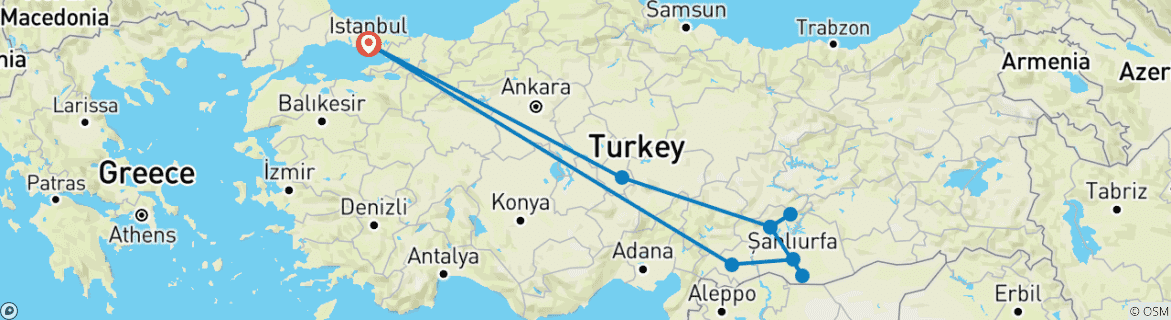 Map of 5 Days Cappadocia - Mt Nemrut - Gobeklitepe - Gaziantep Tour from Istanbul