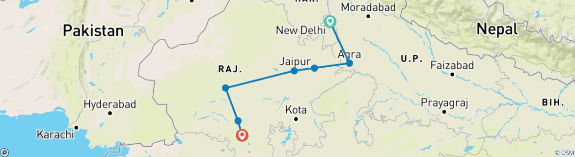 Karte von Royal Rajasthan Rundreise (9 Nächte, 10 Tage)