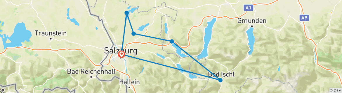 Image of a map showing the route of the tour