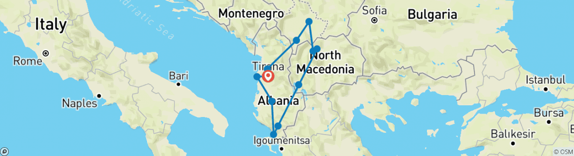 Map of 7 Days Private Tour of Albania, North Macedonia, and Kosovo