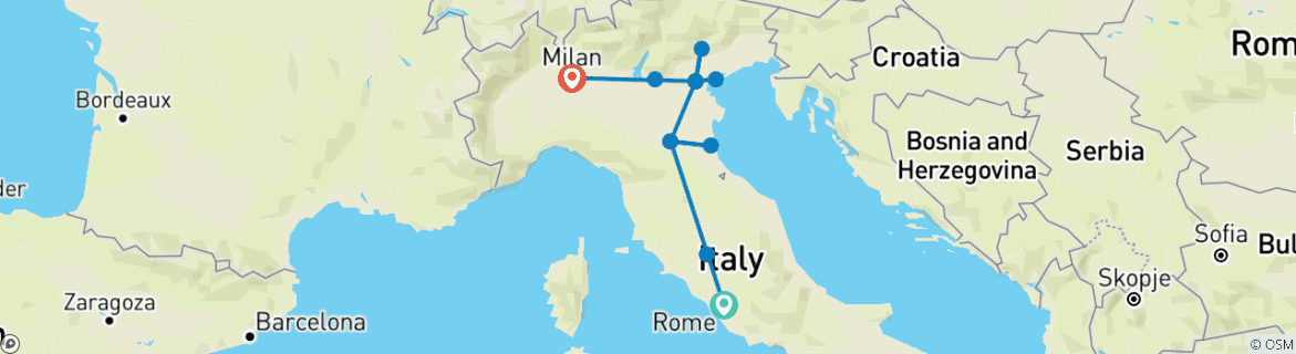 Mapa de Ruta de 6 días en grupo pequeño desde Roma por Venecia, Garda y el romántico norte de Italia