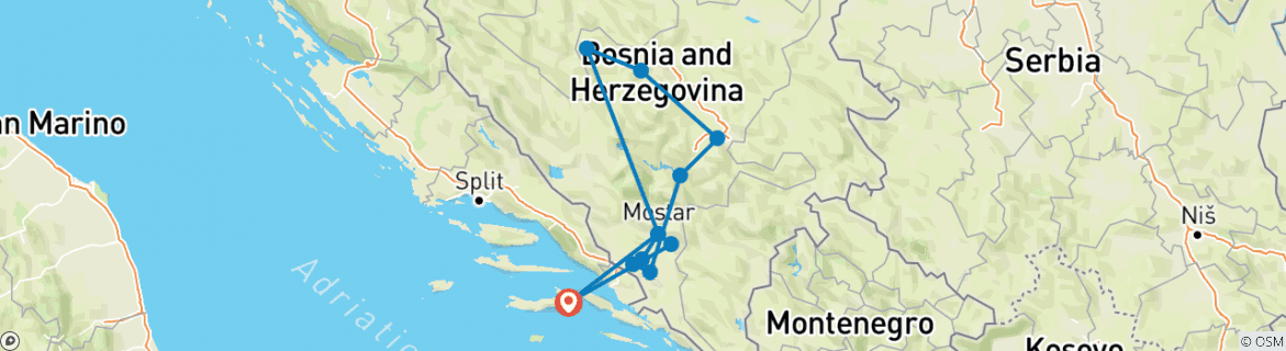 Map of All seasons explore Bosnia 7 days tour from Korcula. Jajce fortress, old Sarajevo, fortified town Počitelj, Zavala monastery and more.