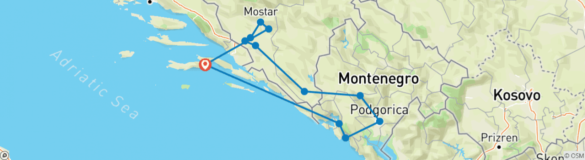 Mapa de Descubriendo fuera de temporada de Bosnia + montenegro 6 días desde Korcula.