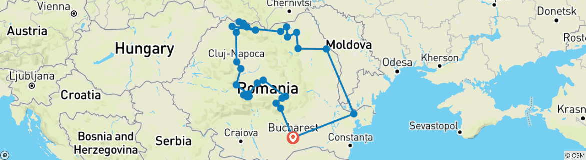 Image of a map showing the route of the tour
