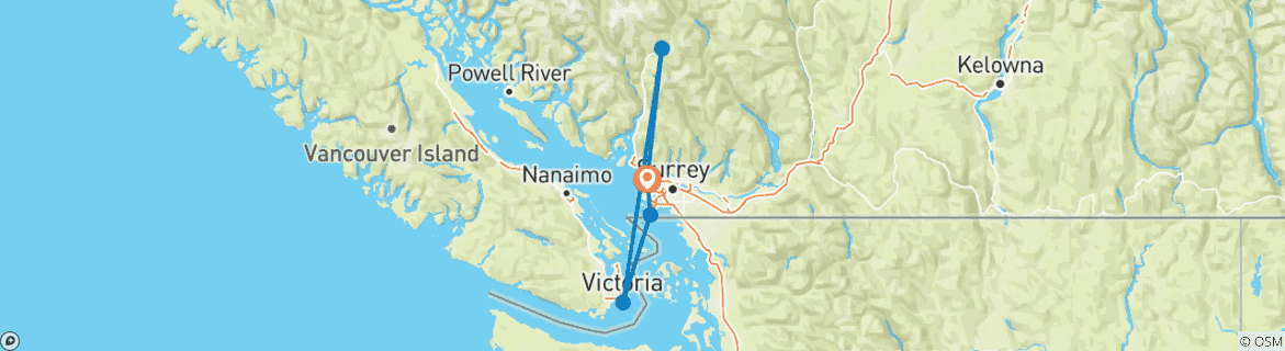 Map of 3-Day Vancouver, Whistler and Victoria road trip private tour