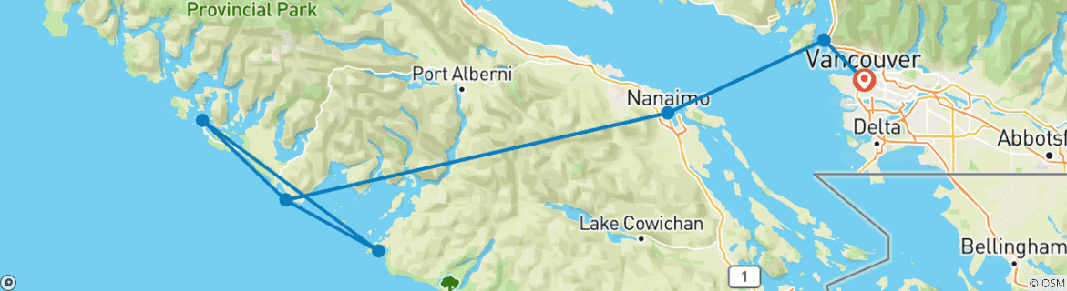 Karte von Vancouver nach Nanaimo, Ucluelet, Tofino Hafenrundreise Privat (2 Tage)