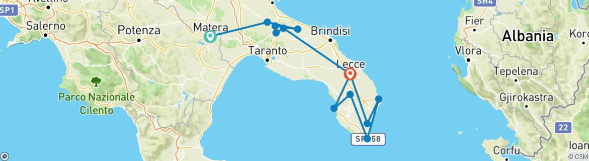 Image of a map showing the route of the tour