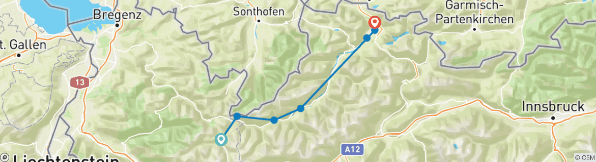 Carte du circuit 11 jours sur le Lechweg : Lech am Arlberg - Füssen (11 jours)