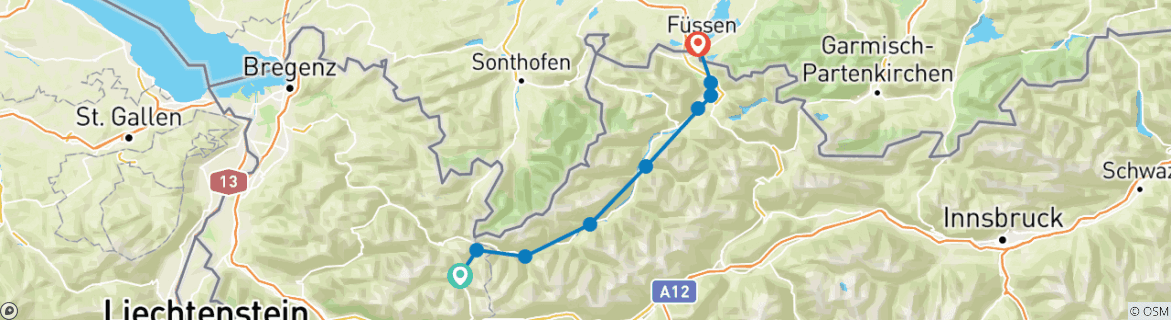 Carte du circuit 13 jours sur le Lechweg : Lech am Arlberg - Füssen (13 jours)