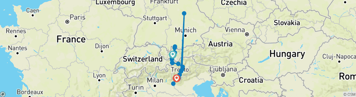 Carte du circuit Via Claudia Augusta - Traversée des Alpes - Füssen - Riva del Garda - sportive (7 jours)